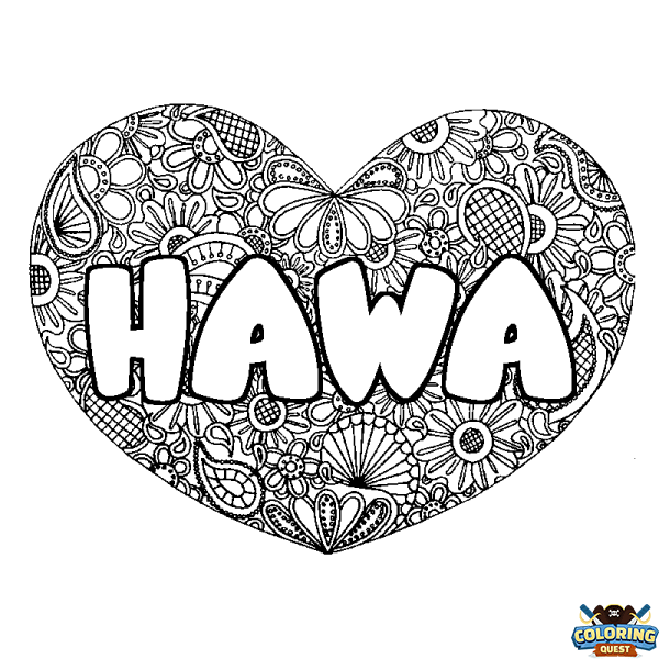 Coloring page first name HAWA - Heart mandala background