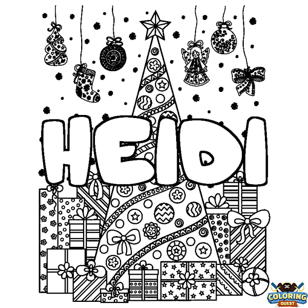 Coloring page first name HEIDI - Christmas tree and presents background