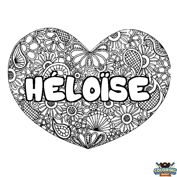 Coloring page first name H&Eacute;LO&Iuml;SE - Heart mandala background