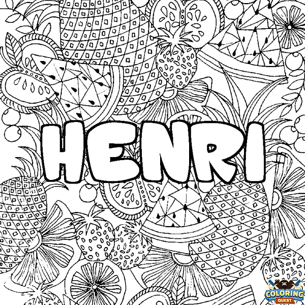 Coloring page first name HENRI - Fruits mandala background