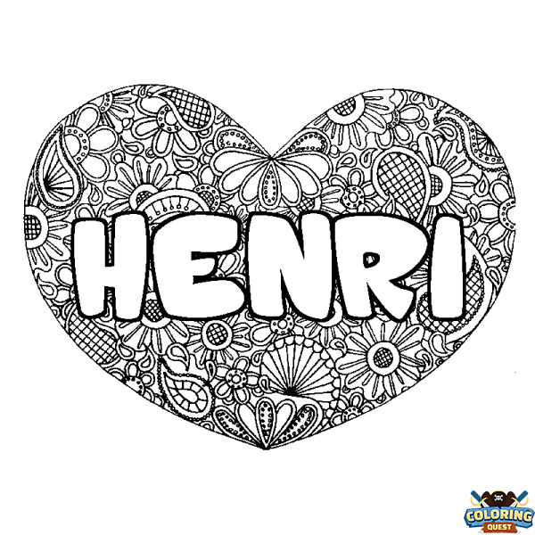 Coloring page first name HENRI - Heart mandala background