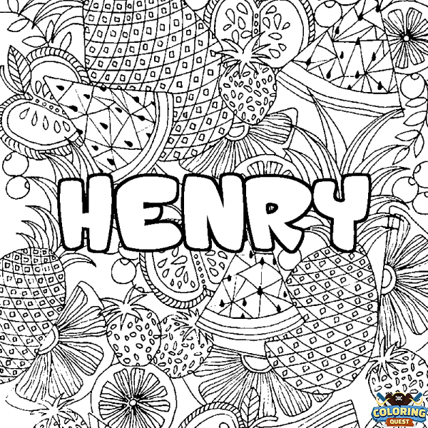 Coloring page first name HENRY - Fruits mandala background