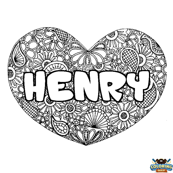 Coloring page first name HENRY - Heart mandala background
