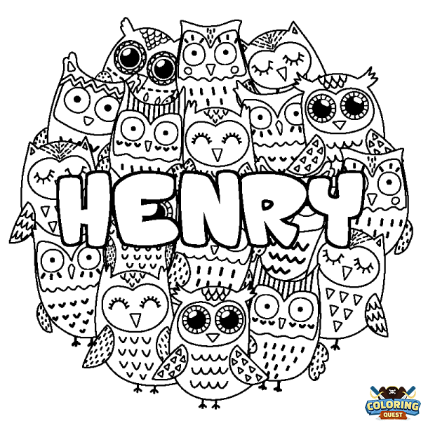 Coloring page first name HENRY - Owls background