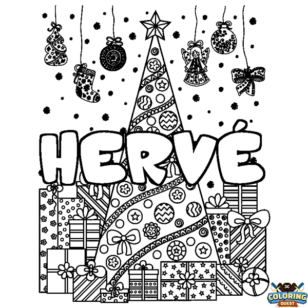 Coloring page first name HERV&Eacute; - Christmas tree and presents background