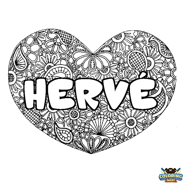 Coloring page first name HERV&Eacute; - Heart mandala background