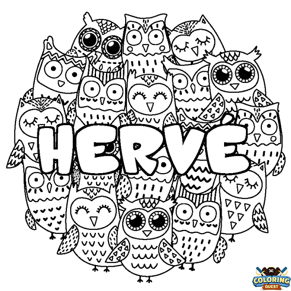 Coloring page first name HERV&Eacute; - Owls background