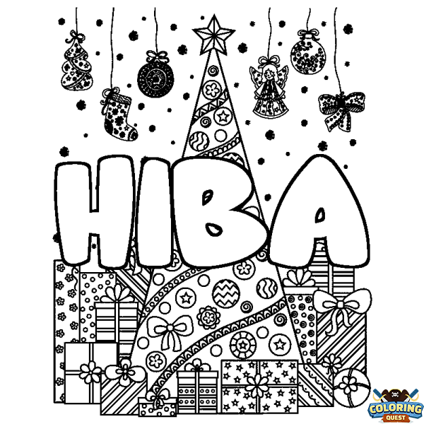 Coloring page first name HIBA - Christmas tree and presents background