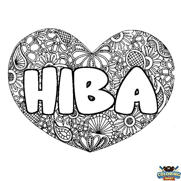 Coloring page first name HIBA - Heart mandala background