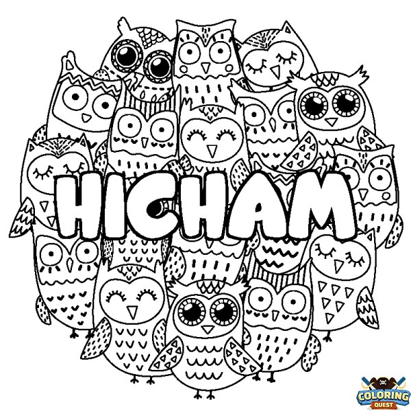 Coloring page first name HICHAM - Owls background