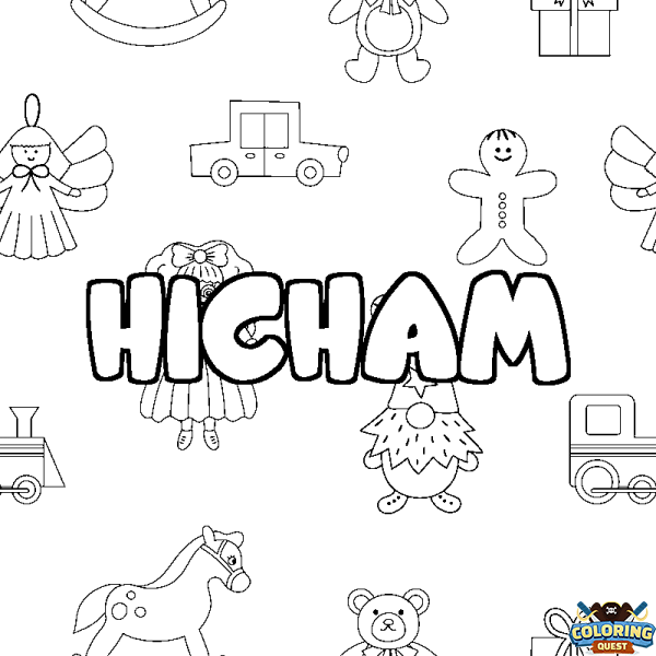 Coloring page first name HICHAM - Toys background