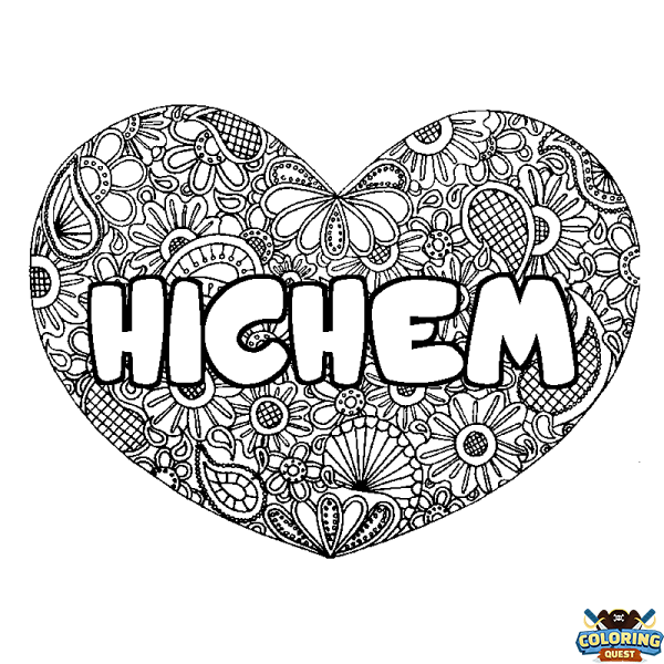 Coloring page first name HICHEM - Heart mandala background