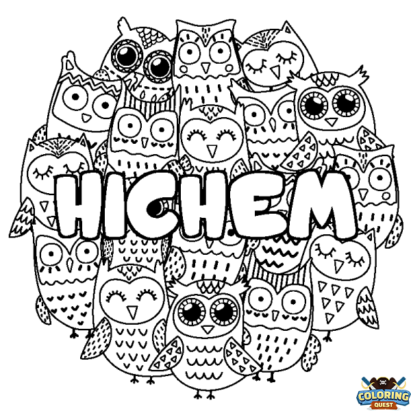 Coloring page first name HICHEM - Owls background