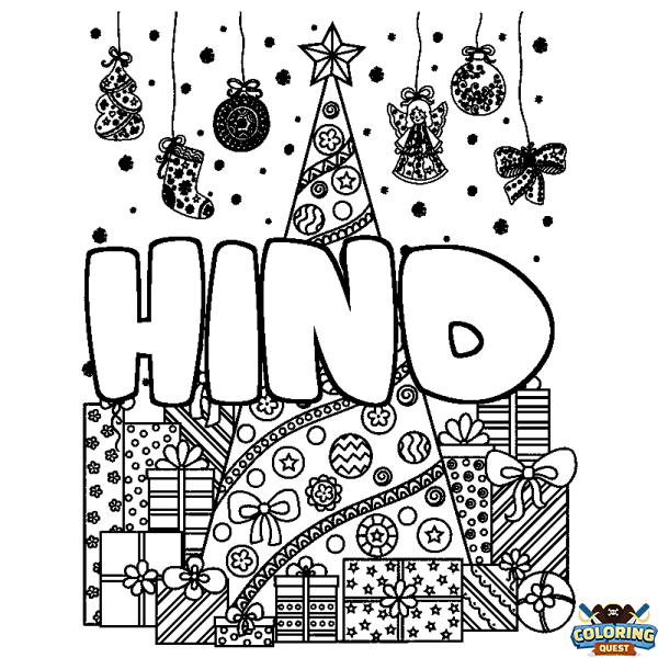 Coloring page first name HIND - Christmas tree and presents background