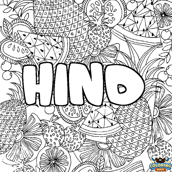 Coloring page first name HIND - Fruits mandala background
