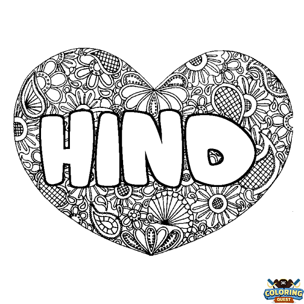 Coloring page first name HIND - Heart mandala background
