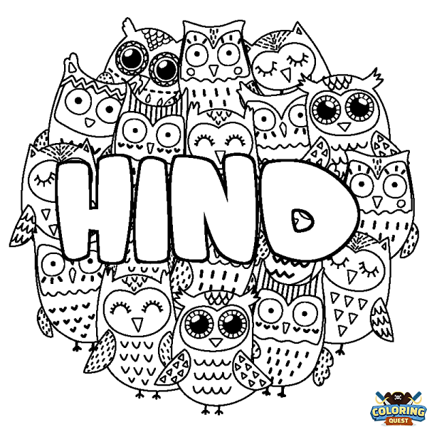 Coloring page first name HIND - Owls background