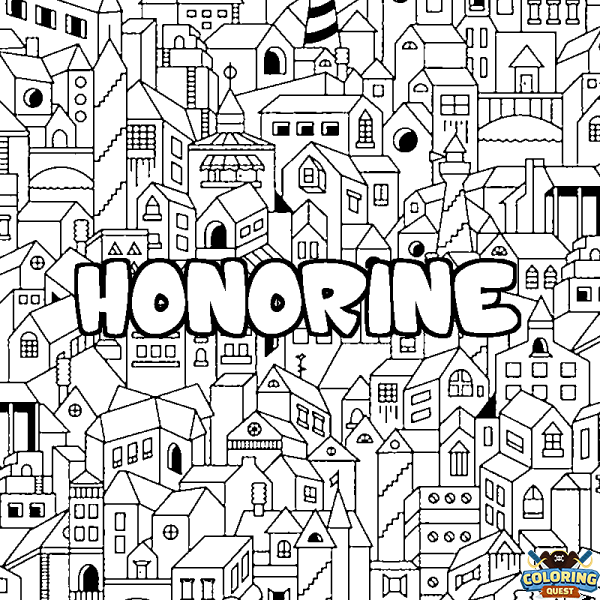Coloring page first name HONORINE - City background