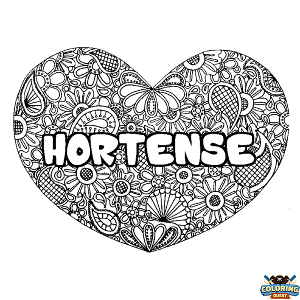 Coloring page first name HORTENSE - Heart mandala background