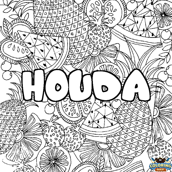 Coloring page first name HOUDA - Fruits mandala background