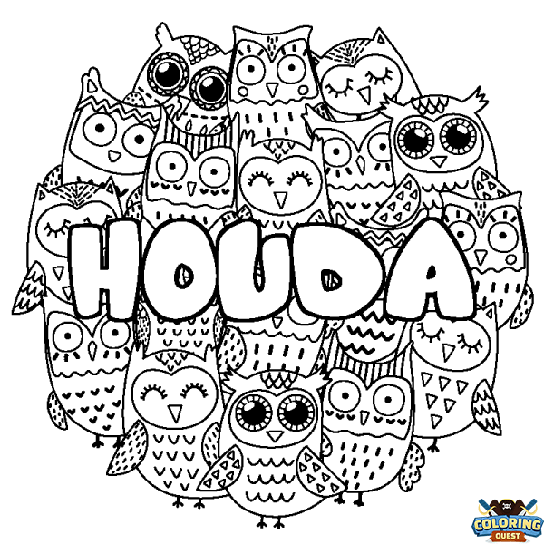 Coloring page first name HOUDA - Owls background
