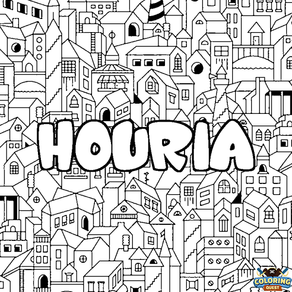 Coloring page first name HOURIA - City background