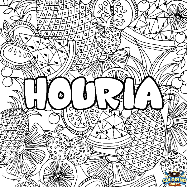 Coloring page first name HOURIA - Fruits mandala background