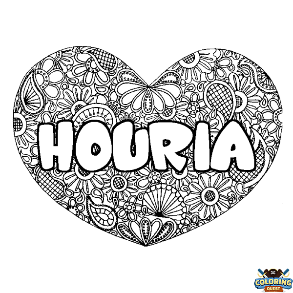 Coloring page first name HOURIA - Heart mandala background
