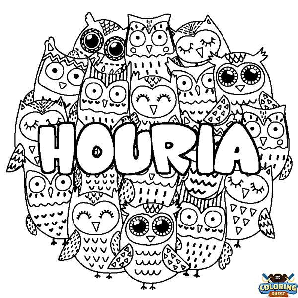 Coloring page first name HOURIA - Owls background