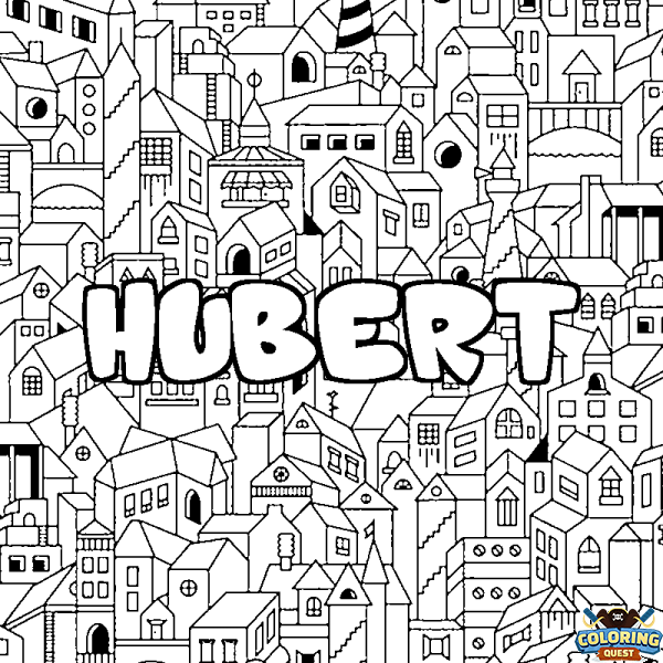 Coloring page first name HUBERT - City background