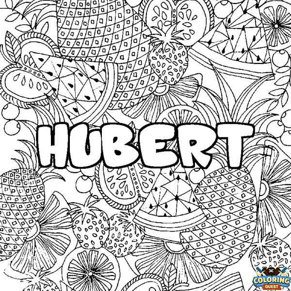 Coloring page first name HUBERT - Fruits mandala background