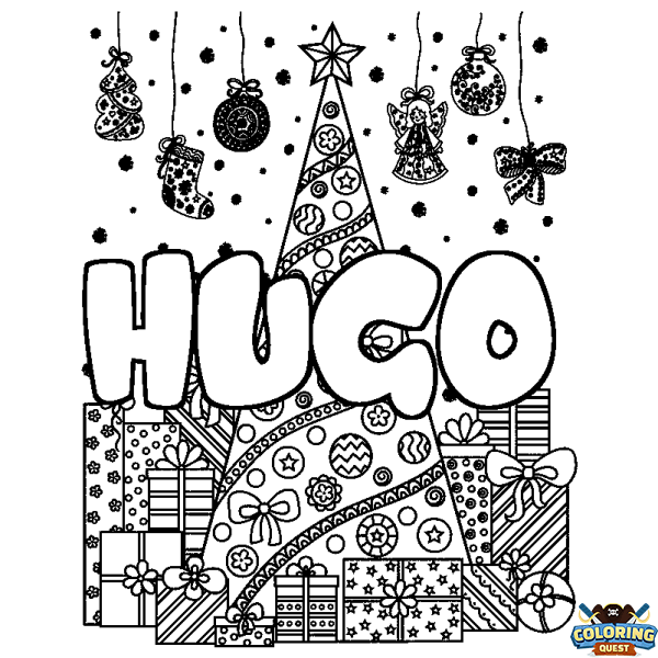 Coloring page first name HUGO - Christmas tree and presents background