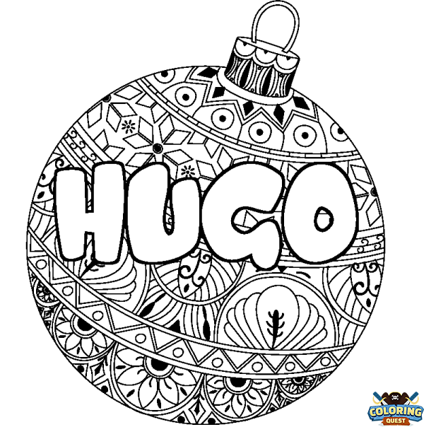 Coloring page first name HUGO - Christmas tree bulb background