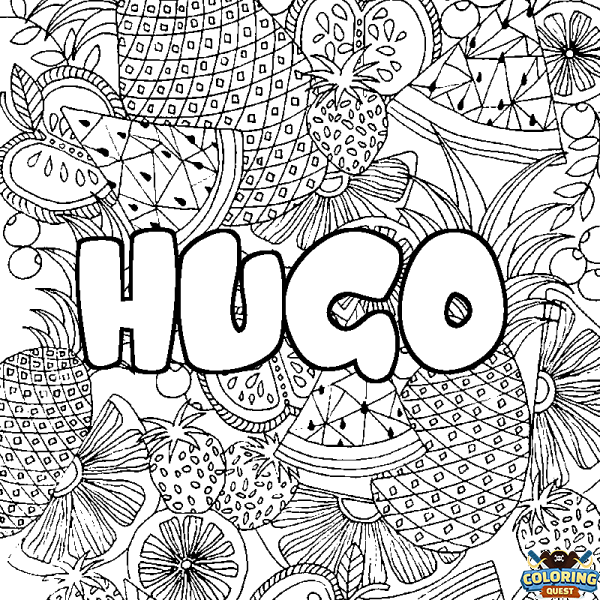 Coloring page first name HUGO - Fruits mandala background