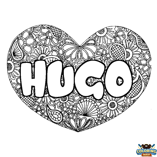 Coloring page first name HUGO - Heart mandala background