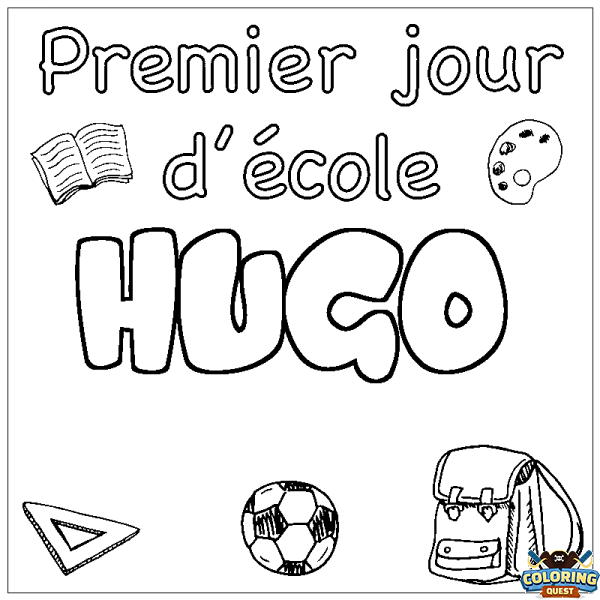 Coloring page first name HUGO - School First day background