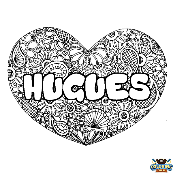 Coloring page first name HUGUES - Heart mandala background