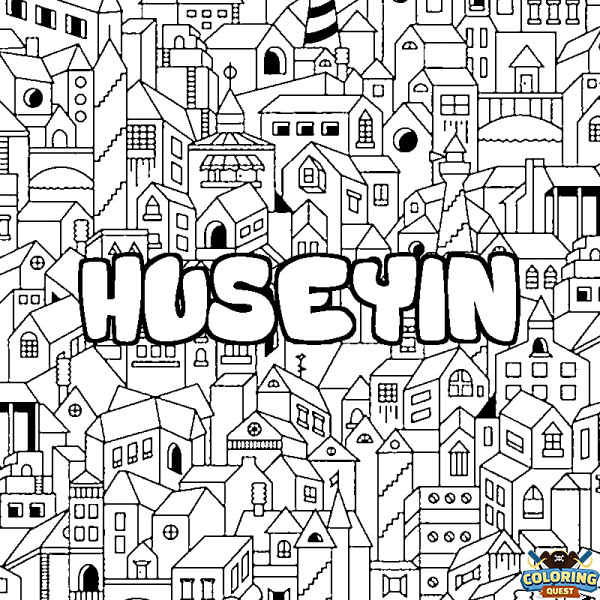 Coloring page first name HUSEYIN - City background