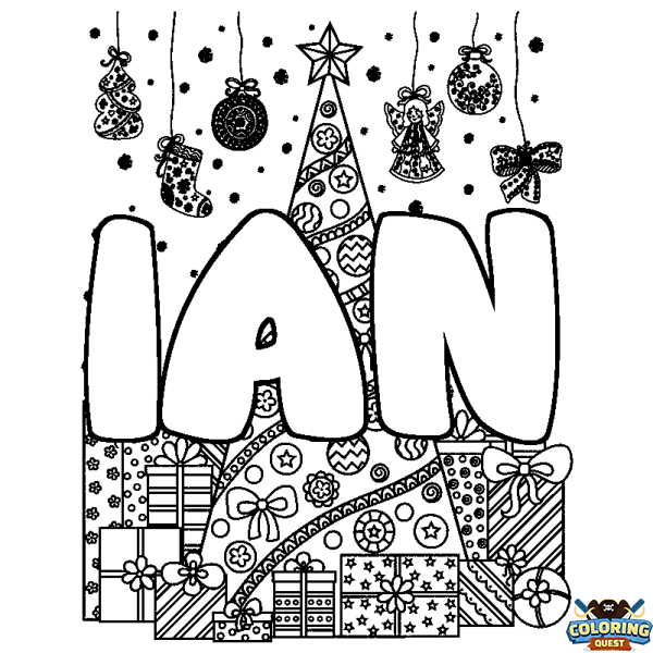 Coloring page first name IAN - Christmas tree and presents background