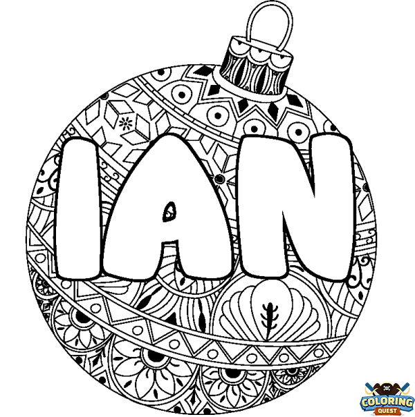 Coloring page first name IAN - Christmas tree bulb background