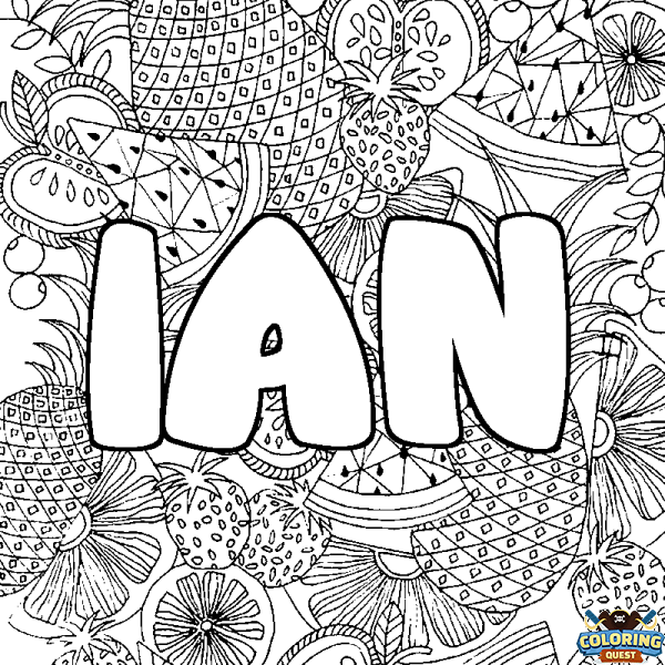 Coloring page first name IAN - Fruits mandala background