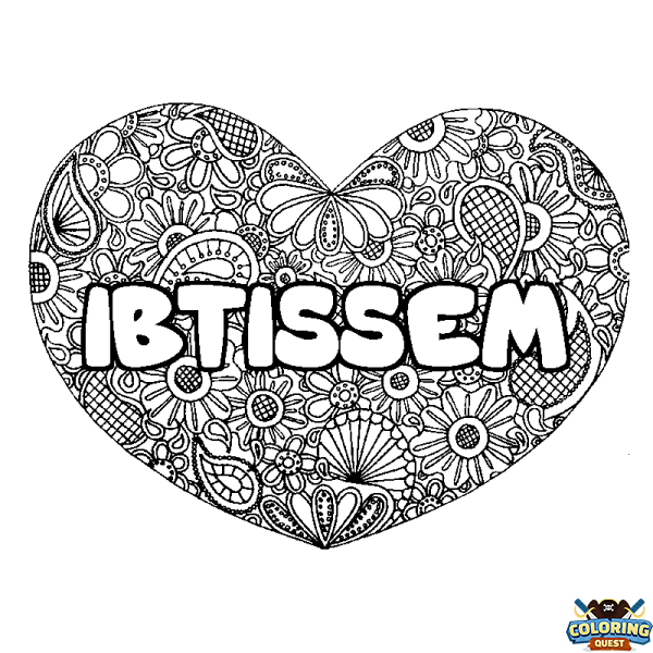 Coloring page first name IBTISSEM - Heart mandala background