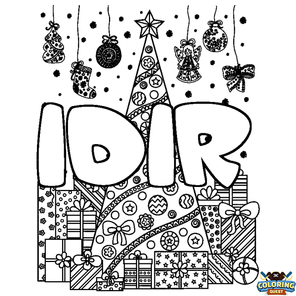 Coloring page first name IDIR - Christmas tree and presents background