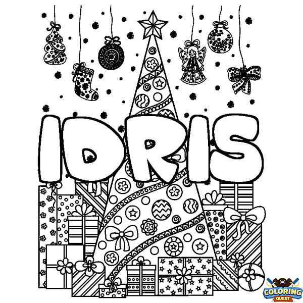 Coloring page first name IDRIS - Christmas tree and presents background