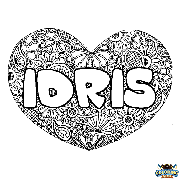 Coloring page first name IDRIS - Heart mandala background