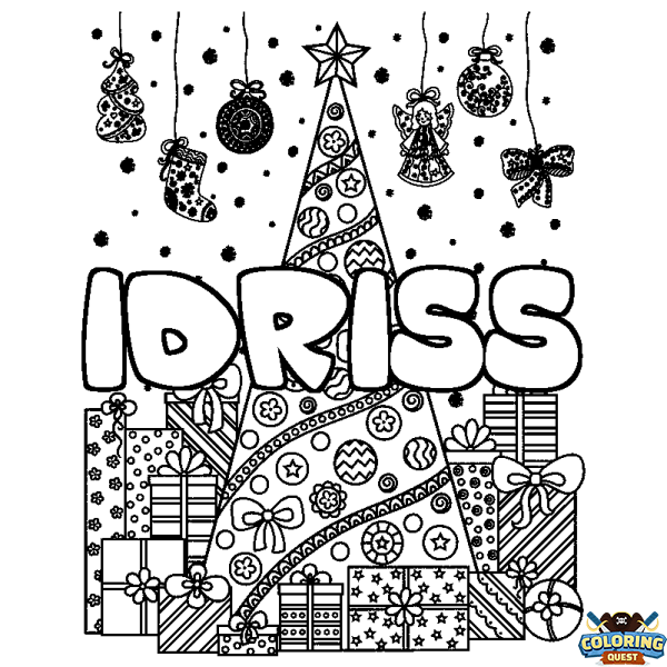 Coloring page first name IDRISS - Christmas tree and presents background