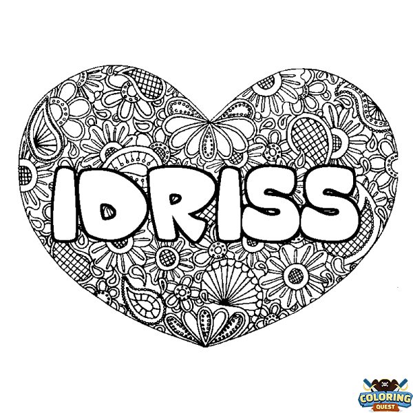 Coloring page first name IDRISS - Heart mandala background