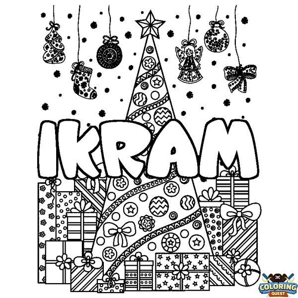 Coloring page first name IKRAM - Christmas tree and presents background