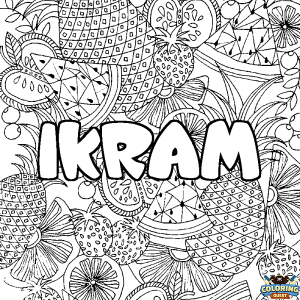 Coloring page first name IKRAM - Fruits mandala background