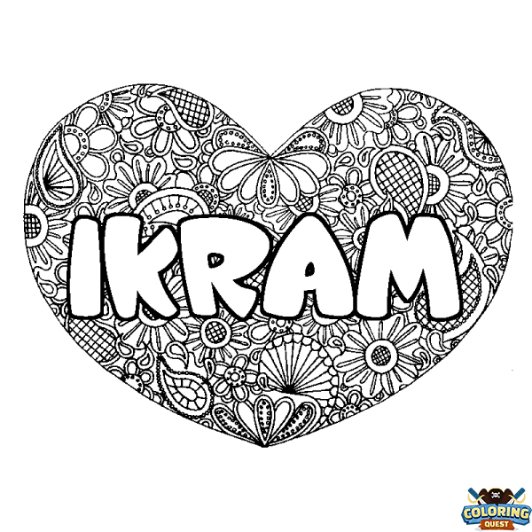 Coloring page first name IKRAM - Heart mandala background